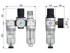 FRL 3-Delig G1/4'' 750l/min 0.2-6.0bar/3-87psi Semi-Auto 40 mm Manometer Polycarbonaat Multifix 0