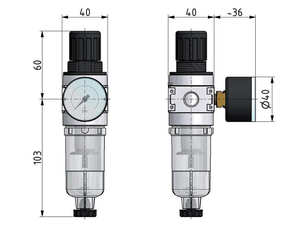 Filter-Regulator G1/8'' 1450 l/min 0.5-10.0bar/7-145psi Auto 40 mm Pressure Gauge Cylinder Lock Polycarbonate Multifix 0