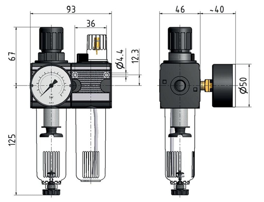 FRL 2-Delig G1/4'' 1200l/min 0.5-10.0bar/7-145psi Auto Beschermende Kooi Polycarbonaat Multifix 1