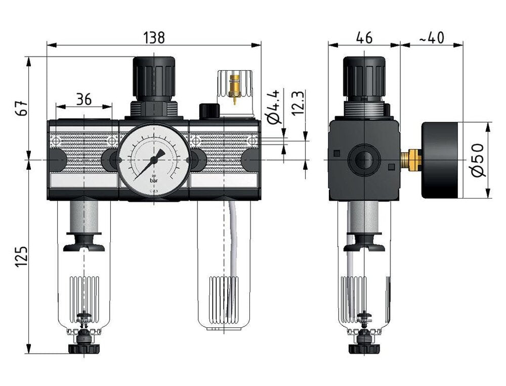 FRL 3-Delig G1/4'' 1200l/min 0.5-10.0bar/7-145psi Auto Polycarbonaat Multifix 1