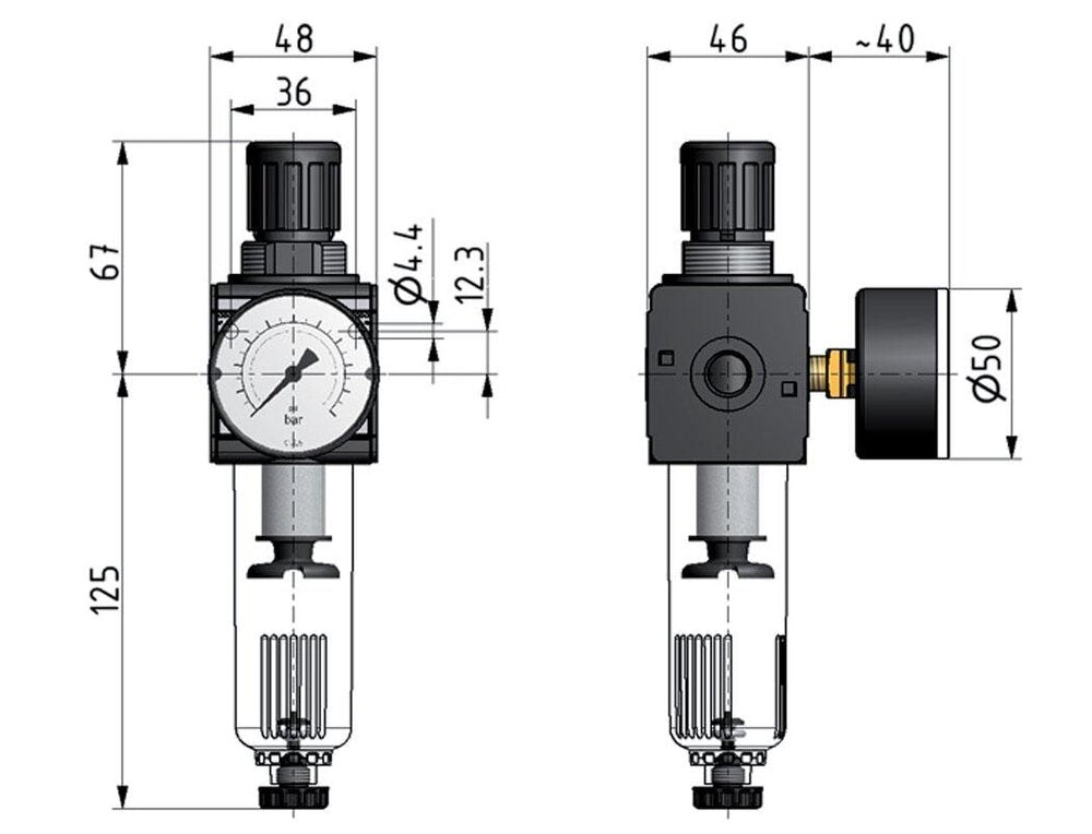 Filter-Regulator G1/4'' 1600 l/min 0.5-10.0bar/7-145psi Semi-Auto Safety Protective Cage Polycarbonate Multifix 1