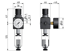 Filter-Regulator G1/4'' 1600 l/min 0.5-10.0bar/7-145psi Semi-Auto Safety Protective Cage Polycarbonate Multifix 1
