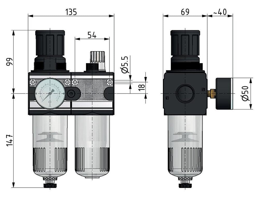 FRL 2-Part G1/2'' 5800 l/min 0.5-16.0bar/7-232psi Semi-Auto Metal Multifix 2