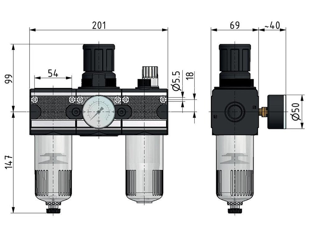 FRL 3-Delig G3/4'' 5800l/min 0.5-10.0bar/7-145psi Semi-Automatische Beschermkooi Polycarbonaat Multifix 2