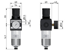 Filter-Regelaar G1/2'' 6700l/min 0.5-16.0bar/7-232psi Cilinderlock Multifix 2