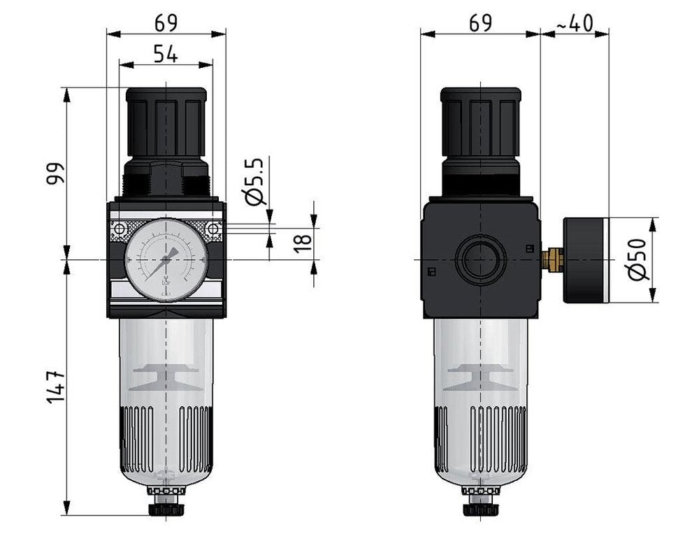 Filter-Regulator G1/2'' 6700 l/min 0.2-6.0bar/3-87psi Semi-Auto Metal Multifix 2