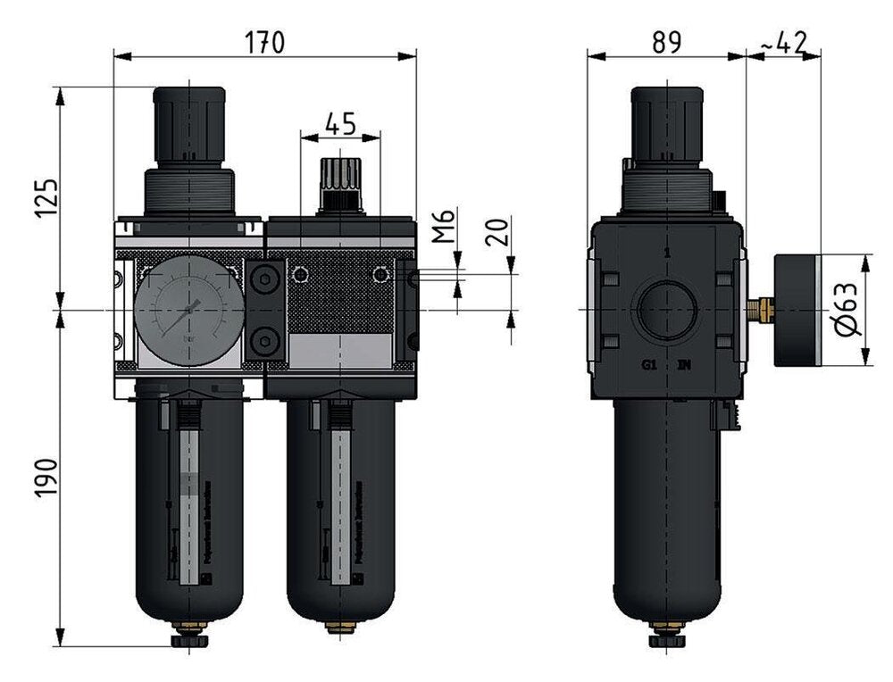 FRL G1'' 12000l/min 0,5-16,0bar/7-232psi Multifix 4