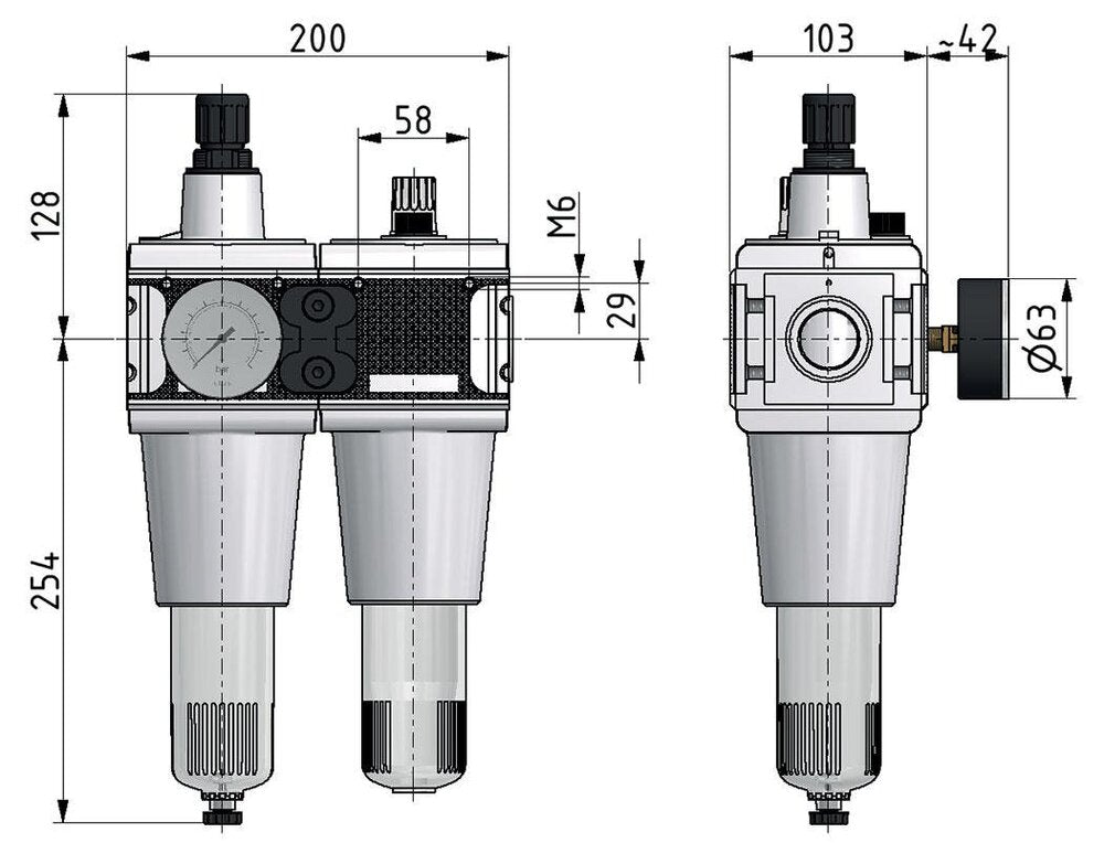 FRL 2-Delig G3/4'' 13500l/min 0.5-16.0bar/7-232psi Semi-Automatische Beschermkooi Polycarbonaat Multifix 5