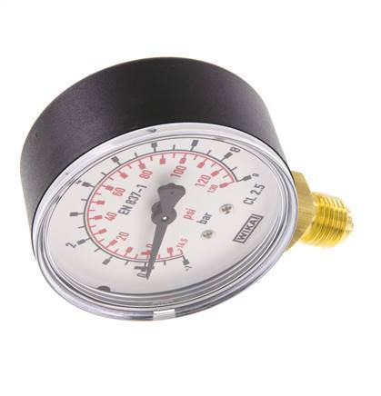 -1..9 Bar (-15..131 psi) Pressure Gauge Below Plastic/Brass 63 mm Class 2.5