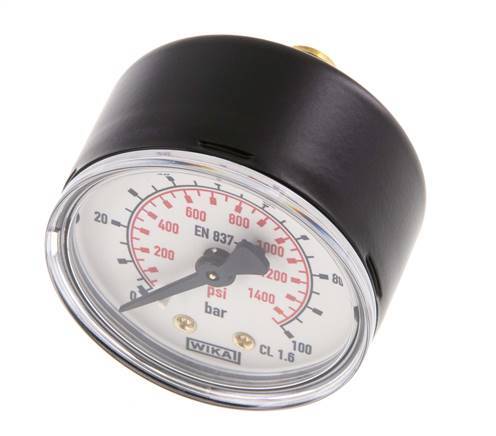 0..100 Bar Manometer Achteraansluiting Staal/Messing 50 mm Klasse 1.6