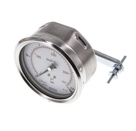 0...250 Bar (0..3626 psi) Paneelmontage Manometer Staal/Brons 100 mm Klasse 1.0 (Beugel)