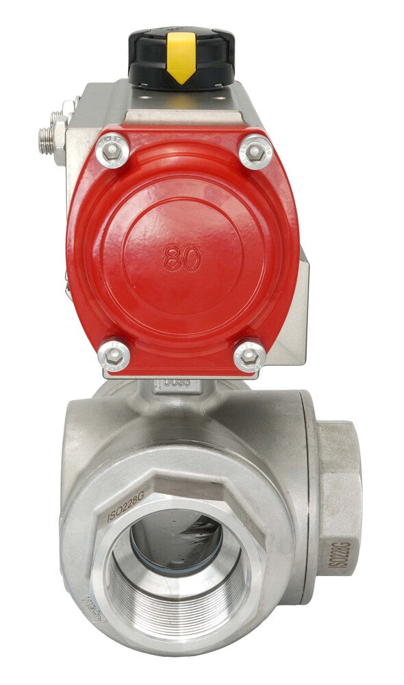 3-Way Pneumatic Ball Valve G2'' T-bore Brass Spring Closing