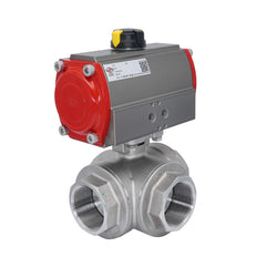 3-Way Pneumatic Ball Valve G2 1/2'' T-bore Stainless Steel Spring Closing