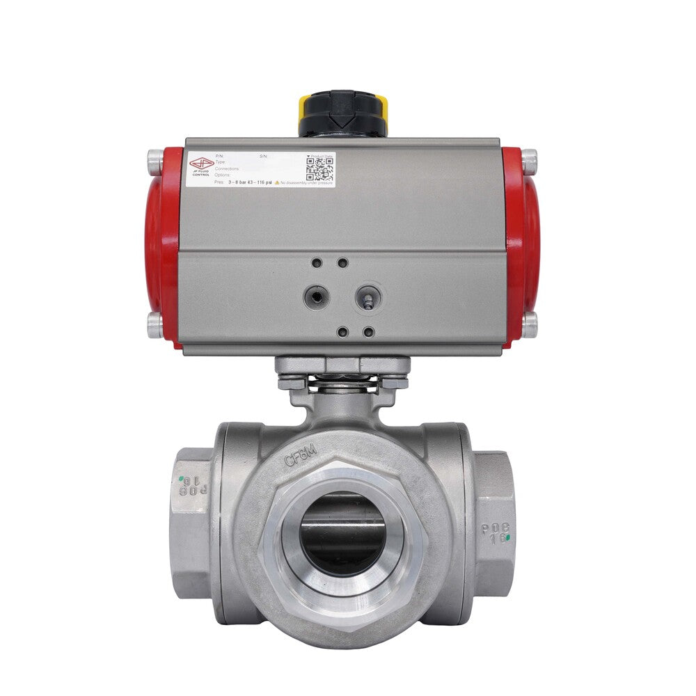 3-Way Pneumatic Ball Valve G2 1/2'' T-bore Stainless Steel Spring Closing