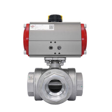 3-Way Pneumatic Ball Valve G1 1/2'' T-bore Stainless Steel Spring Opening