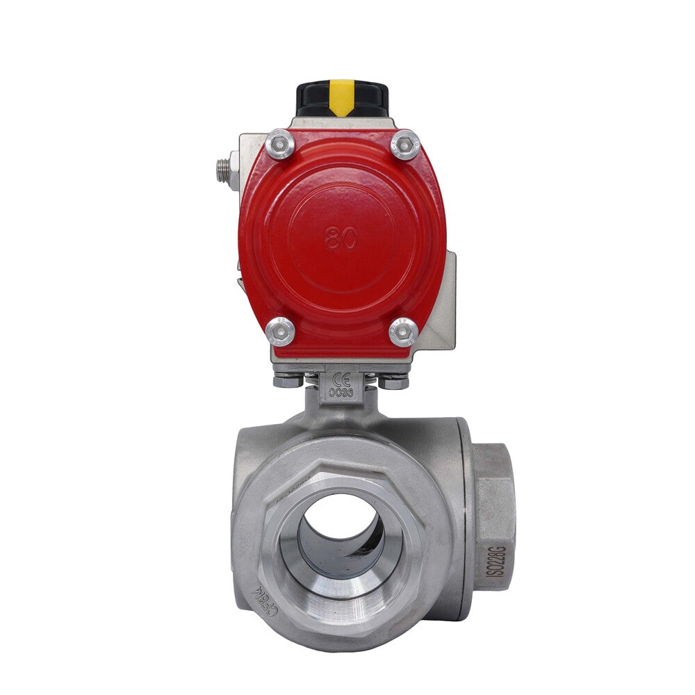 3-Way Pneumatic Ball Valve G1 1/2'' T-bore Stainless Steel Spring Opening