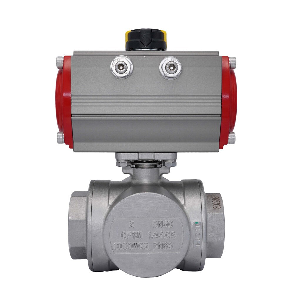 3-Way Pneumatic Ball Valve G1 1/2'' T-bore Stainless Steel Spring Opening