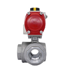 3-Way Pneumatic Ball Valve G1 1/2'' T-bore Stainless Steel Spring Opening