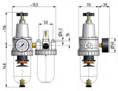FRL 2-Delig G1/2'' 800l/min 0.5-10.0bar/7-145psi Auto Polycarbonaat Standaard 2