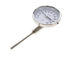 0 tot +120°C RVS Bimetalen Thermometer 100mm Behuizing 100mm Dompelbuis Onderaansluiting