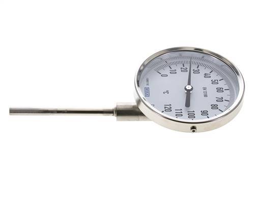 0 tot +120°C RVS Bimetalen Thermometer 100mm Behuizing 100mm Dompelbuis Onderaansluiting