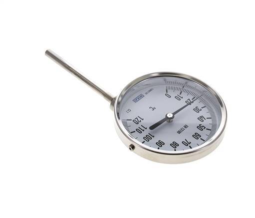 0 tot +120°C RVS Bimetalen Thermometer 100mm Behuizing 100mm Dompelbuis Onderaansluiting