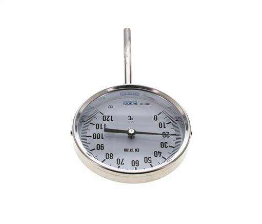 0 tot +120°C RVS Bimetalen Thermometer 100mm Behuizing 100mm Dompelbuis Onderaansluiting