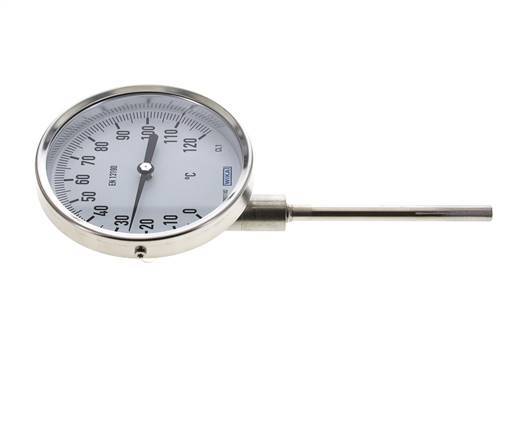 0 tot +120°C RVS Bimetalen Thermometer 100mm Behuizing 100mm Dompelbuis Onderaansluiting