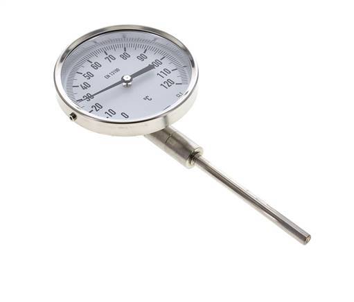 0 tot +120°C RVS Bimetalen Thermometer 100mm Behuizing 100mm Dompelbuis Onderaansluiting