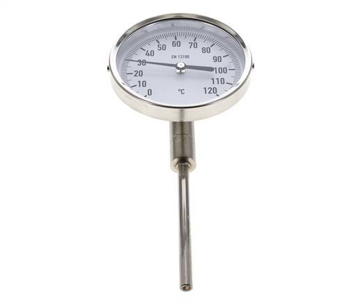 0 tot +120°C RVS Bimetalen Thermometer 100mm Behuizing 100mm Dompelbuis Onderaansluiting