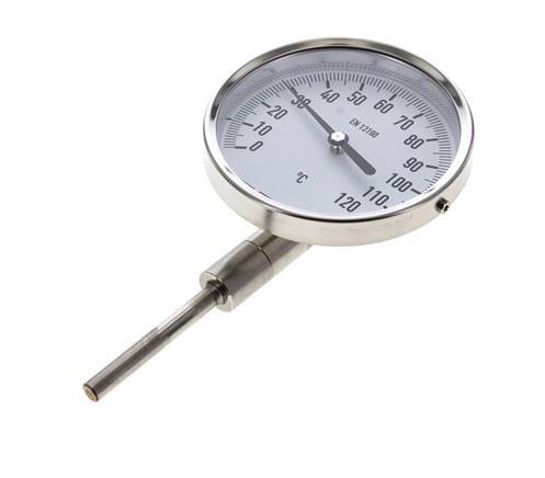 0 tot +120°C RVS Bimetalen Thermometer 100mm Behuizing 63mm Dompelbuis Onderaansluiting