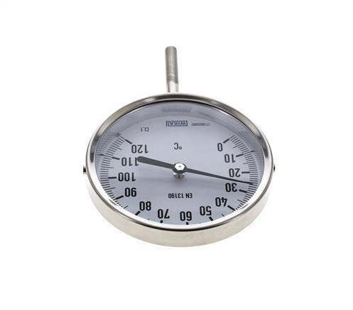 0 tot +120°C RVS Bimetalen Thermometer 100mm Behuizing 63mm Dompelbuis Onderaansluiting