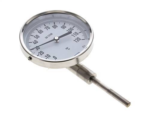 0 tot +120°C RVS Bimetalen Thermometer 100mm Behuizing 63mm Dompelbuis Onderaansluiting