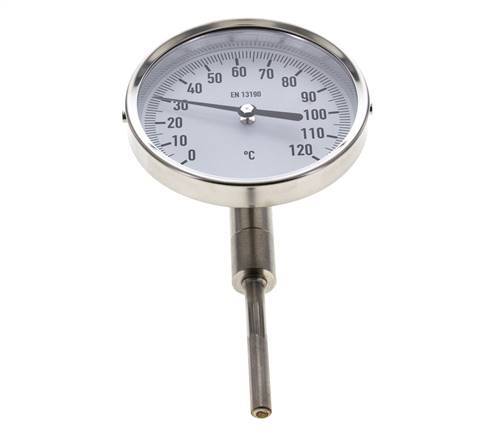 0 tot +120°C RVS Bimetalen Thermometer 100mm Behuizing 63mm Dompelbuis Onderaansluiting