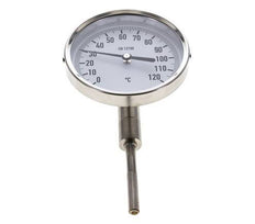 0 tot +120°C RVS Bimetalen Thermometer 100mm Behuizing 63mm Dompelbuis Onderaansluiting