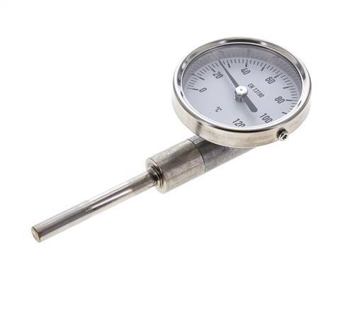 0 tot +120°C RVS Bimetalen Thermometer 63mm Behuizing 63mm Dompelbuis Onderaansluiting