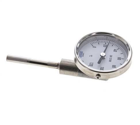 0 tot +120°C RVS Bimetalen Thermometer 63mm Behuizing 63mm Dompelbuis Onderaansluiting