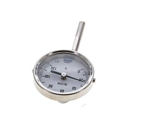 0 tot +120°C RVS Bimetalen Thermometer 63mm Behuizing 63mm Dompelbuis Onderaansluiting