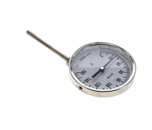 0 tot +160°C RVS Bimetalen Thermometer 100mm Behuizing 100mm Dompelbuis Onderaansluiting