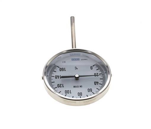 0 tot +160°C RVS Bimetalen Thermometer 100mm Behuizing 100mm Dompelbuis Onderaansluiting