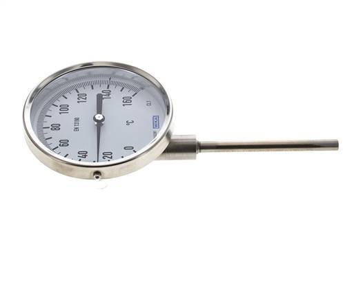 0 tot +160°C RVS Bimetalen Thermometer 100mm Behuizing 100mm Dompelbuis Onderaansluiting