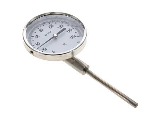 0 tot +160°C RVS Bimetalen Thermometer 100mm Behuizing 100mm Dompelbuis Onderaansluiting