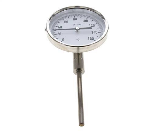 0 tot +160°C RVS Bimetalen Thermometer 100mm Behuizing 100mm Dompelbuis Onderaansluiting