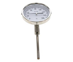 0 tot +160°C RVS Bimetalen Thermometer 100mm Behuizing 100mm Dompelbuis Onderaansluiting