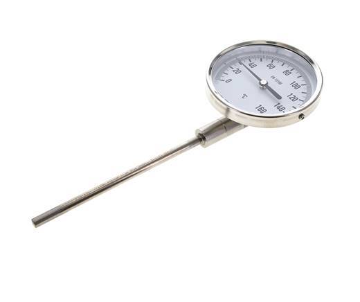 0 tot +160°C RVS Bimetalen Thermometer 100mm Behuizing 160mm Dompelbuis Onderaansluiting