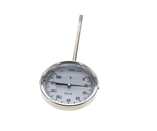 0 tot +160°C RVS Bimetalen Thermometer 100mm Behuizing 160mm Dompelbuis Onderaansluiting