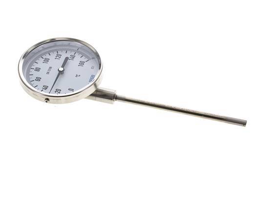 0 tot +160°C RVS Bimetalen Thermometer 100mm Behuizing 160mm Dompelbuis Onderaansluiting