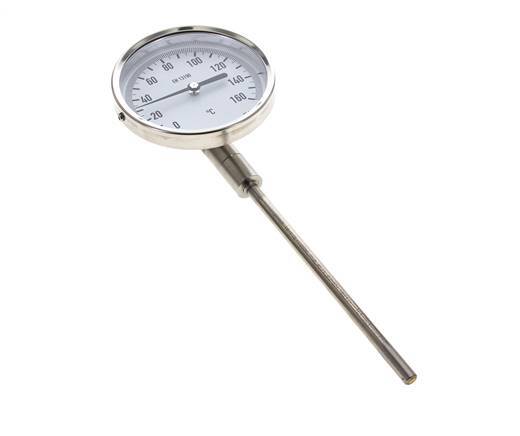 0 tot +160°C RVS Bimetalen Thermometer 100mm Behuizing 160mm Dompelbuis Onderaansluiting