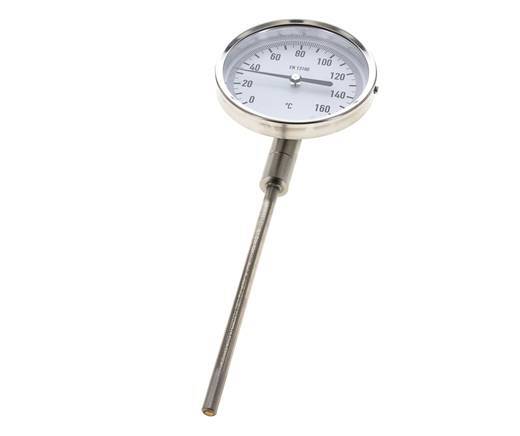 0 tot +160°C RVS Bimetalen Thermometer 100mm Behuizing 160mm Dompelbuis Onderaansluiting