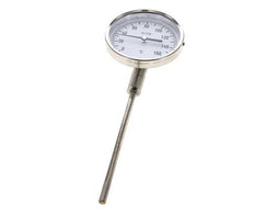 0 tot +160°C RVS Bimetalen Thermometer 100mm Behuizing 160mm Dompelbuis Onderaansluiting